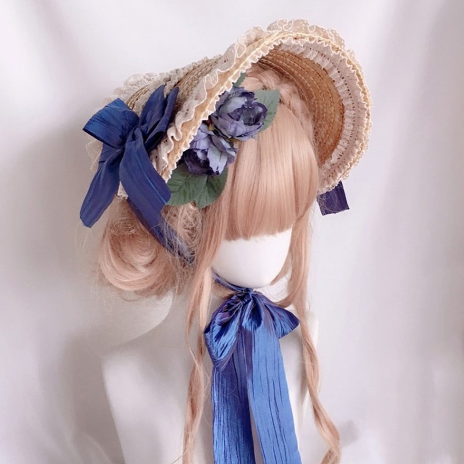 Gorgeous Lolita Flat Top Hat French Lace Flower Ribbon Bonnet Hat All-match Summer Sunshade Straw Hat for Girls Women