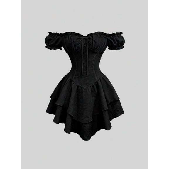 Women's Off-Shoulder Puff Sleeve Short Dress, Lace-Up Waist Asymmetric Hem Dress