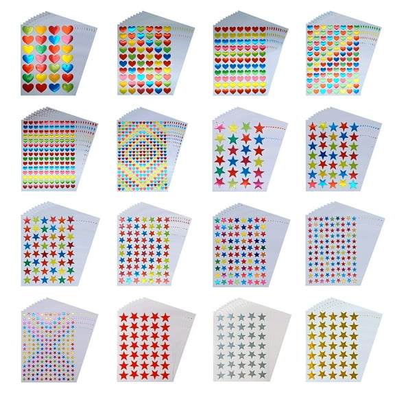 Kbraveo 13750 Counts 16 Styles Colorful Self-Adhesive Heart and Star Paper Sticker for DIY Crafts
