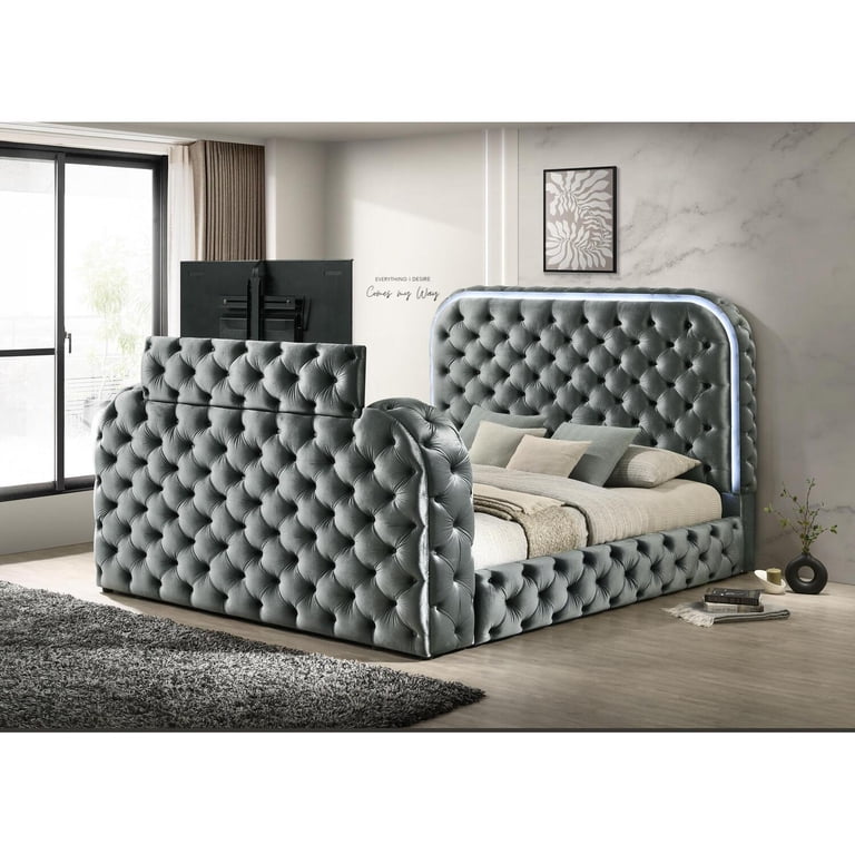 ACME Kana Queen Bed w/LED in Fireplace & TV Stand in Gray