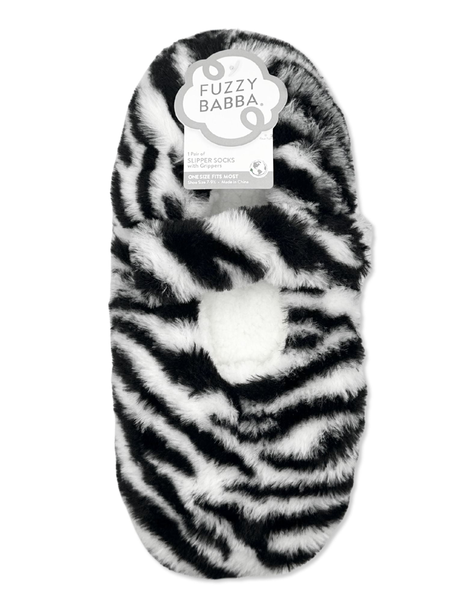 Fuzzy Babba Women's Faux Fur Zebra Mary Jane Slipper Socks, 1-Pack, Shoe Sizes 7-9.5