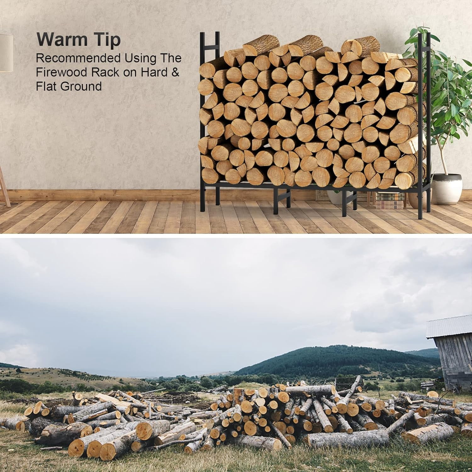 Firewood Storage Rack, 12.7 FT Heavy Duty Log Holder with Waterproof Cover for Garden Patio Backyard Lawn Firewood Organizer, Black