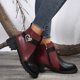 thumbnail image 2 of Botines de mujer Botas de tobillo de tacón grueso con cremallera decorativa y hebilla de cinturón de de imitación de cuero con bloques de colores de estilo británico a la moda para mujer (Wine 6.5), 2 of 7