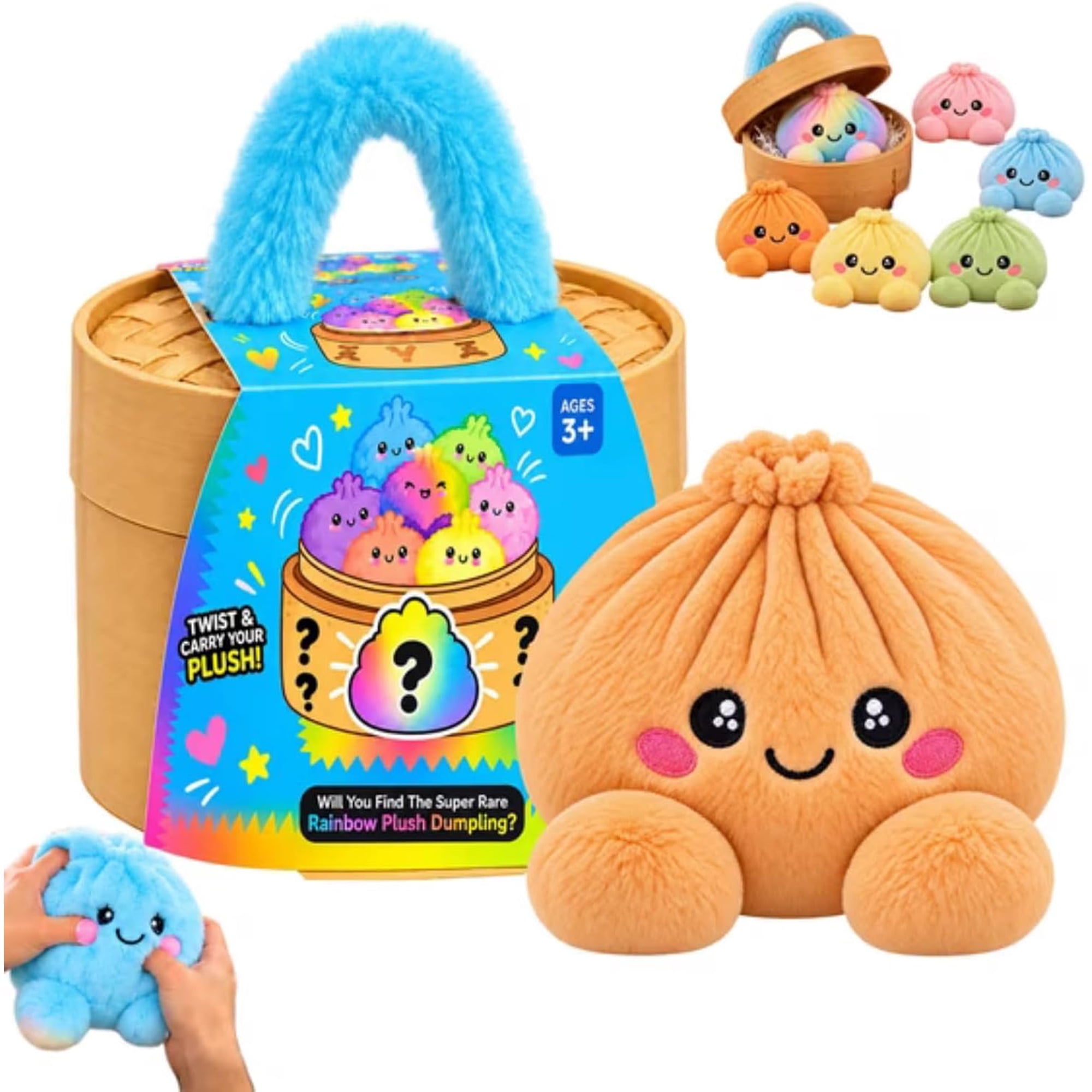 2026 Mystery Rainbow Plush Dumpling Squishies Cute Stuffed Dumpling Squishies Plushies Halloween Collectible Stress Relief Gift with Simulated Steamer & Fuzzy Handle
