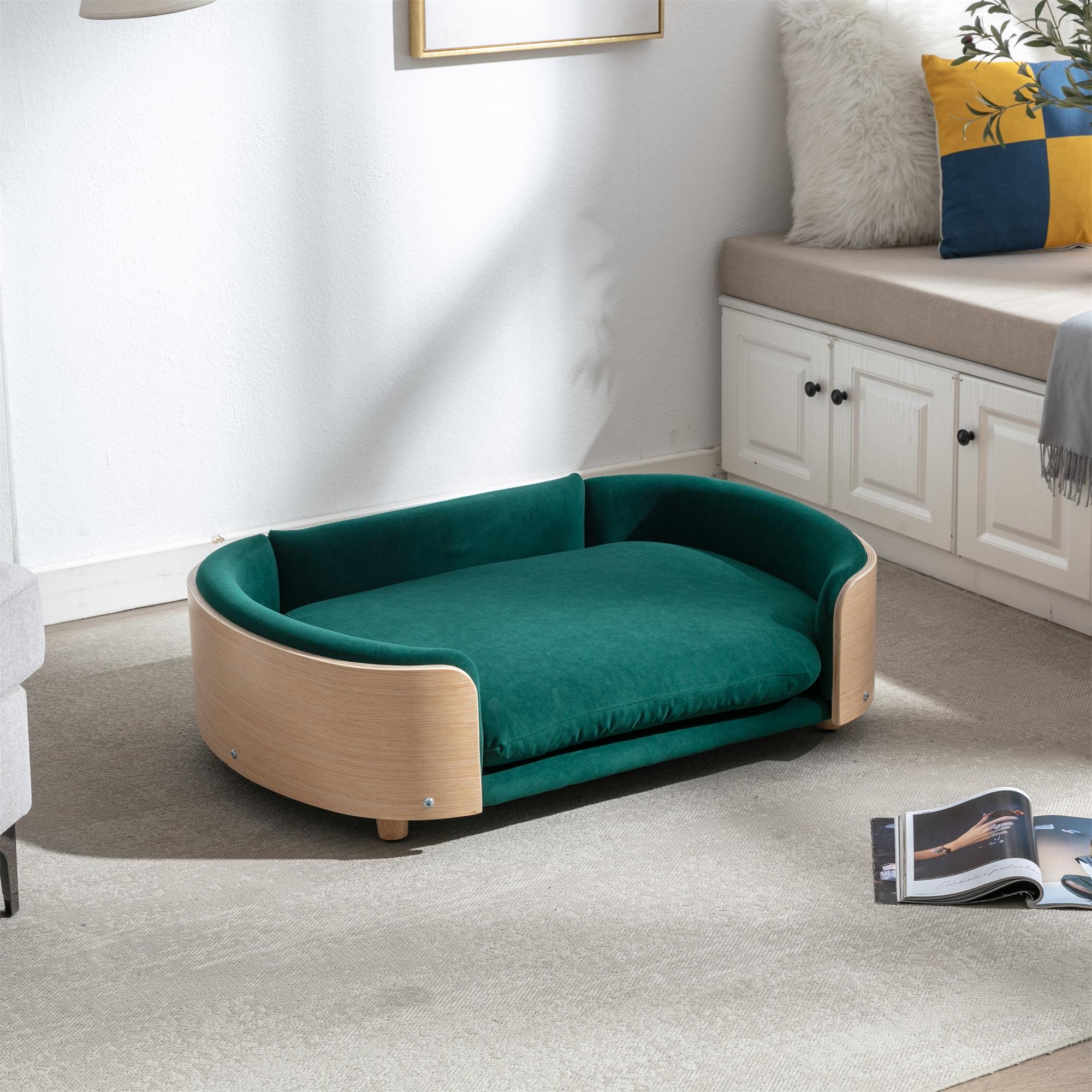 Pefilos 38" Elevated Dog Bed Pet Sofa with Solid Wood Legs and Bent Back, Cat Sofa Bed Velvet Cushion Couch Furniture, Green