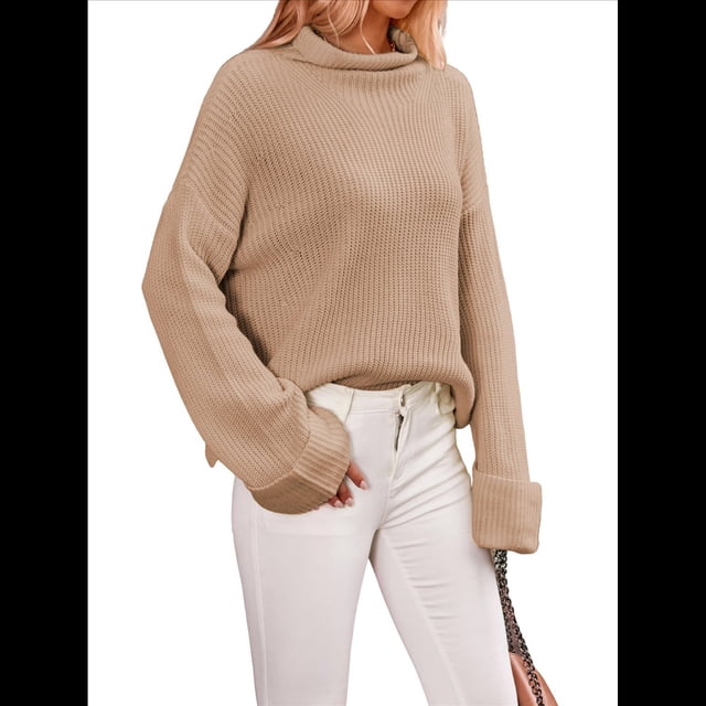 Suéteres de Cuello Redondo para Mujer, Conjuntos de Otoño, Suéteres de Punto con Cuello Redondo y Abertura Lateral, Tops de Moda. Caqui L