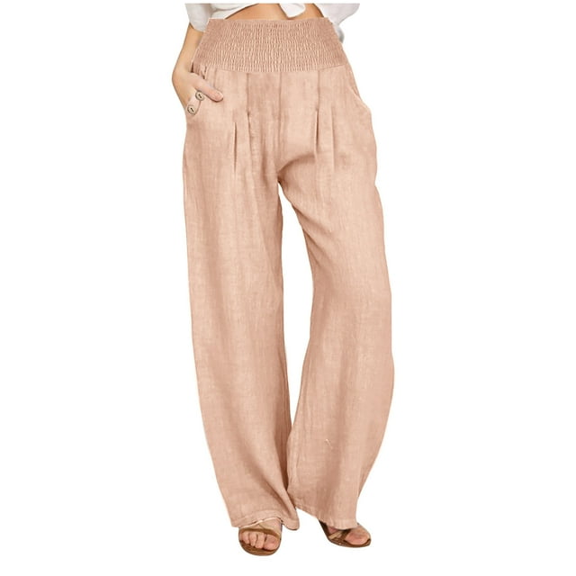 Timegard Cotton Linen Pants for Women Elastic High Waist Smocked Straight Leg Ruched Loose Lounge Pants