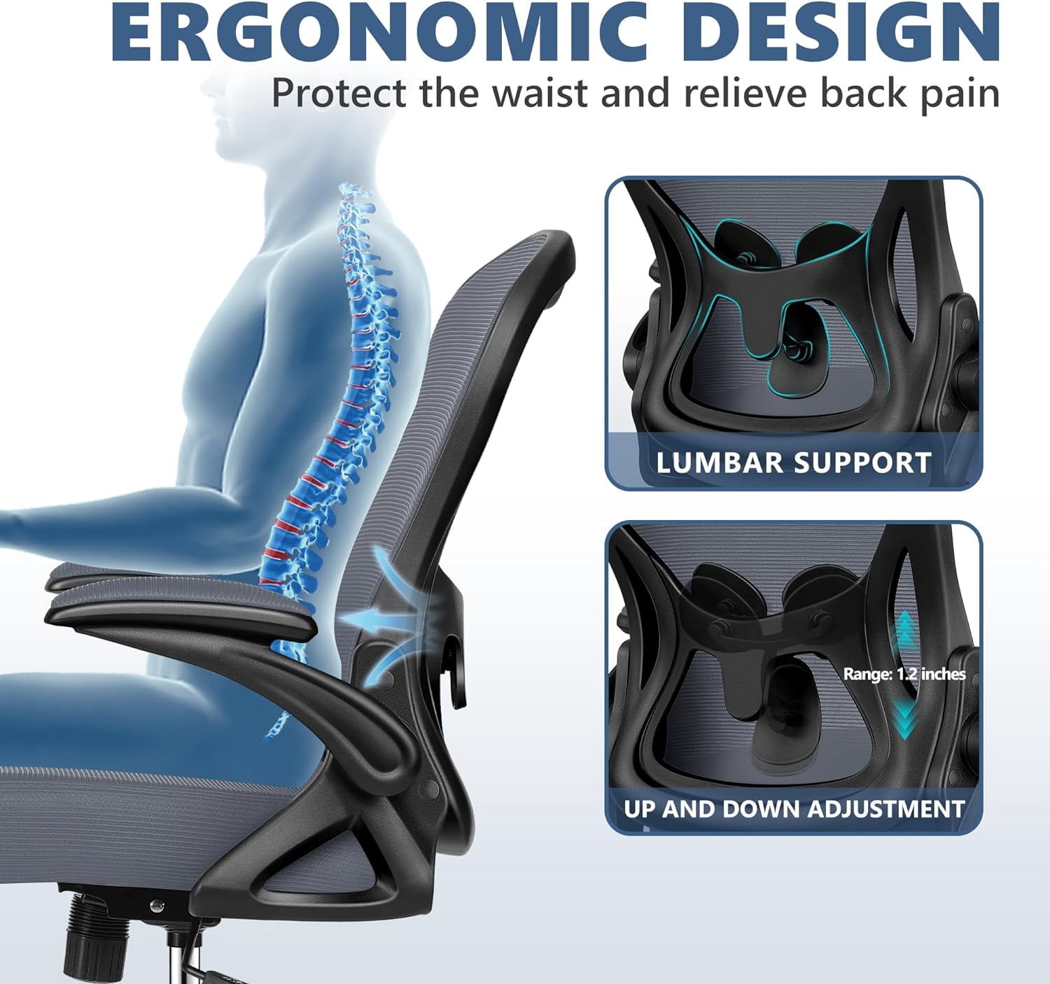 Office Chair, Ergonomic Desk Chair with Adjustable Height and Lumbar Support Swivel Desk Computer Chair with Flip up Armrests for Conference Room, Drak Gray