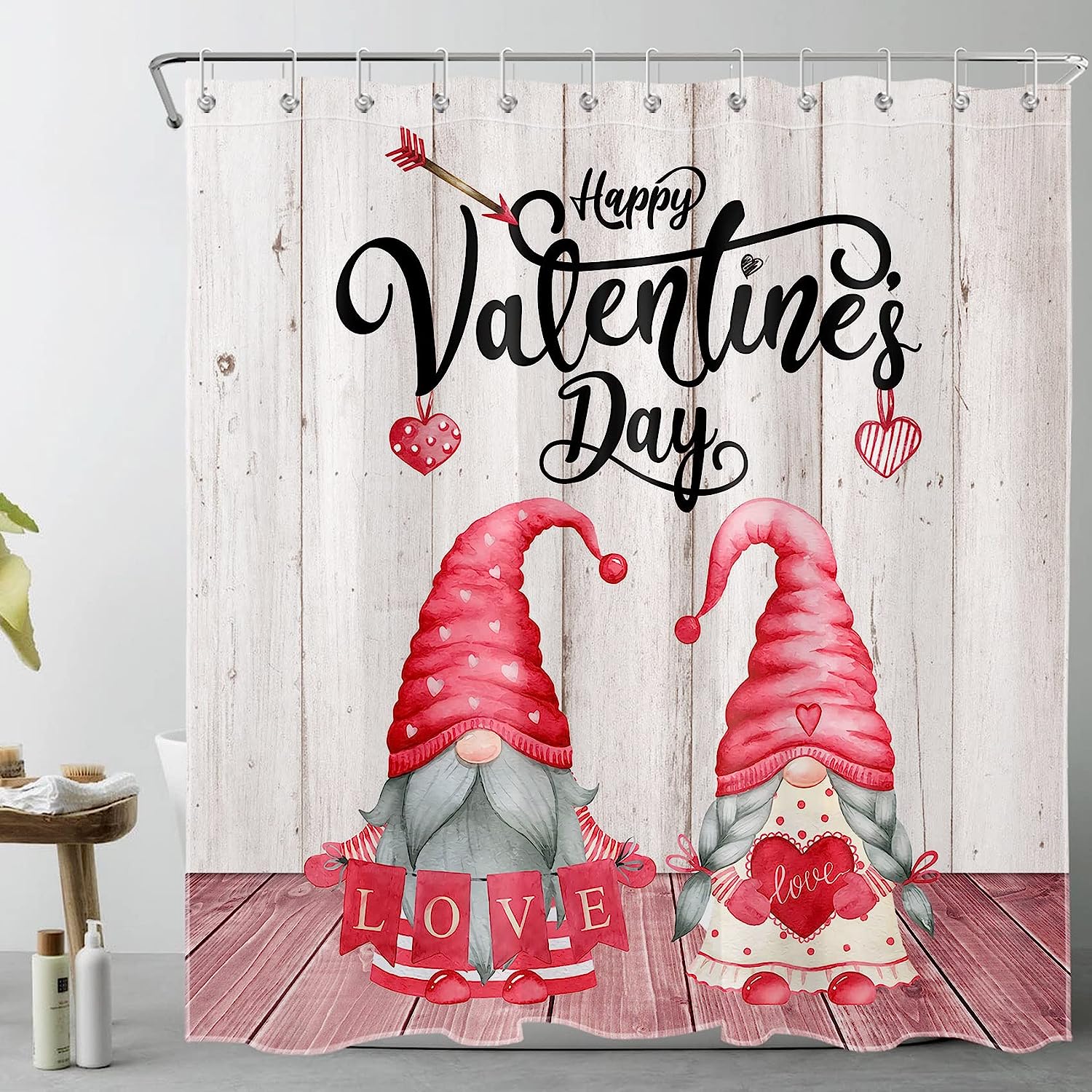 Sonernt Happy Valentines Day Shower Curtain Cute Gnome with Red Love Heart Shower Curtain Set