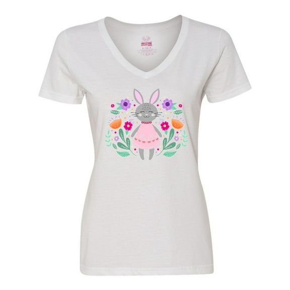 Inktastic Easter Scandinavian Bunny with Flowers Women's V-Neck T-Shirt