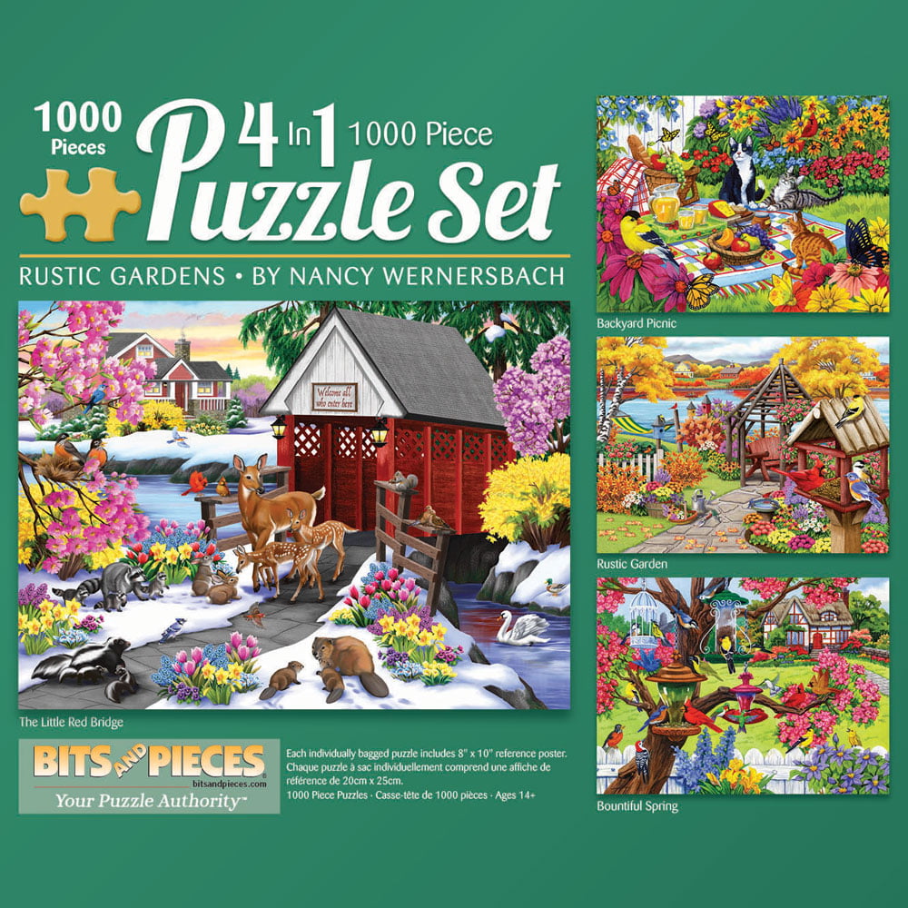 Bits And Pieces 4 In 1 Multi Pack Set Of 1000 Piece Jigsaw Puzzle For Adults Rustic Gardens 