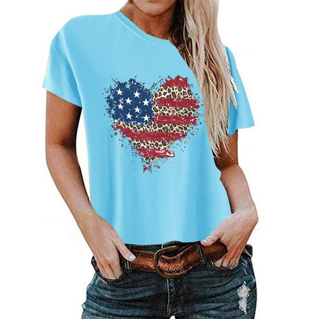 Birdeem T-Shirt pour Femmes d'Été Décontracté Ample Imprimé Fête de l'Indépendance à Col Rond à Manches Courtes