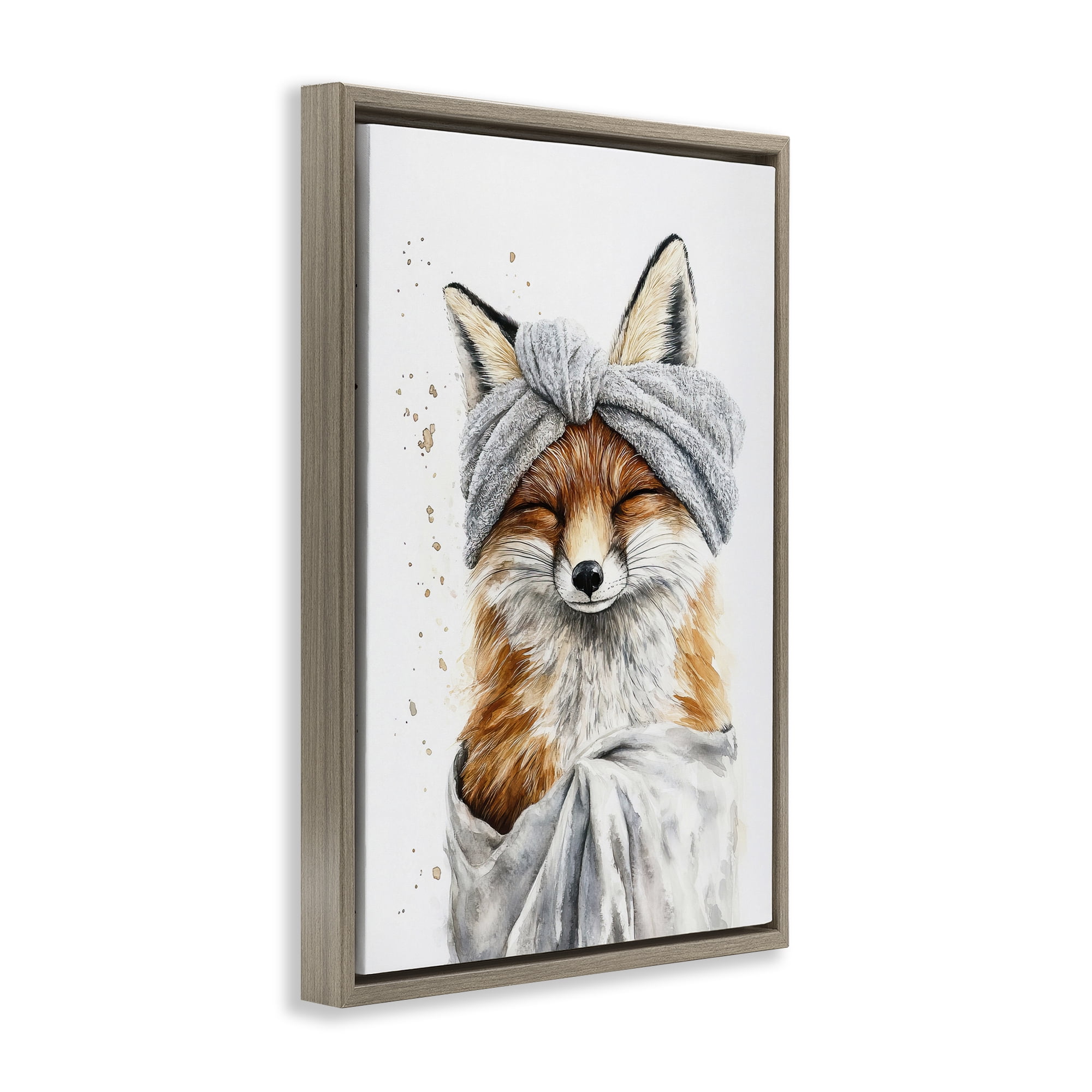 Stupell Industries Bathroom Fox Wrapped in Towel Brown Framed Floater Canvas Wall Art, design by Tina LeCour