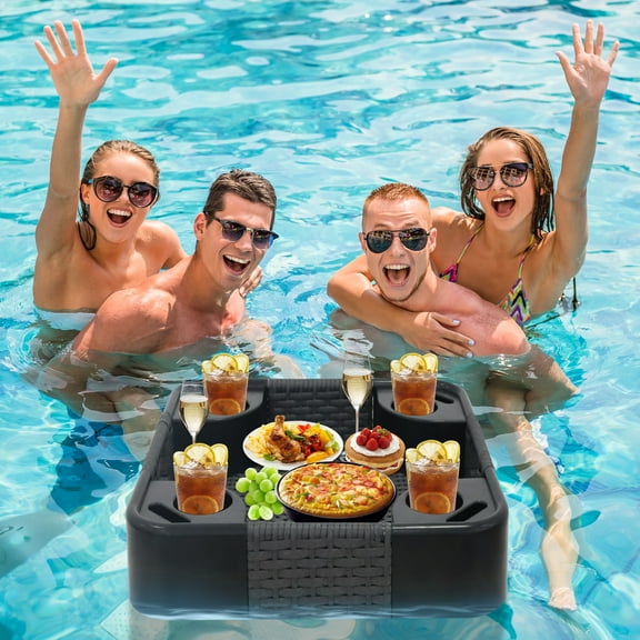 COOS BAY Square Floating Tray, All Weather Rattan Woven Floating Pool Tray for Pool & Tub, Gray