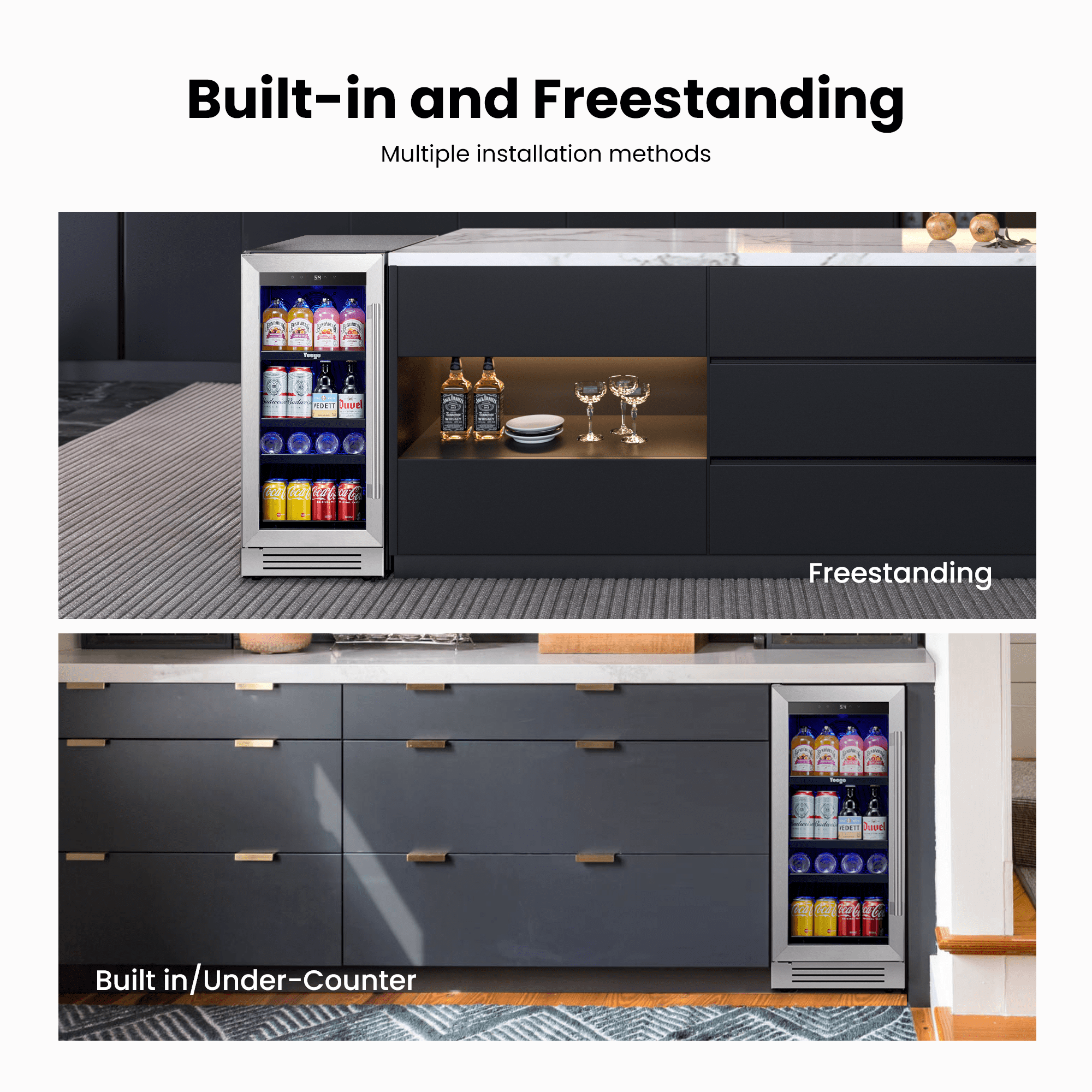 Yeego 15 inch Beverage Refrigerator,  Built-in or Freestanding, 100 Cans Cooler with Glass Door