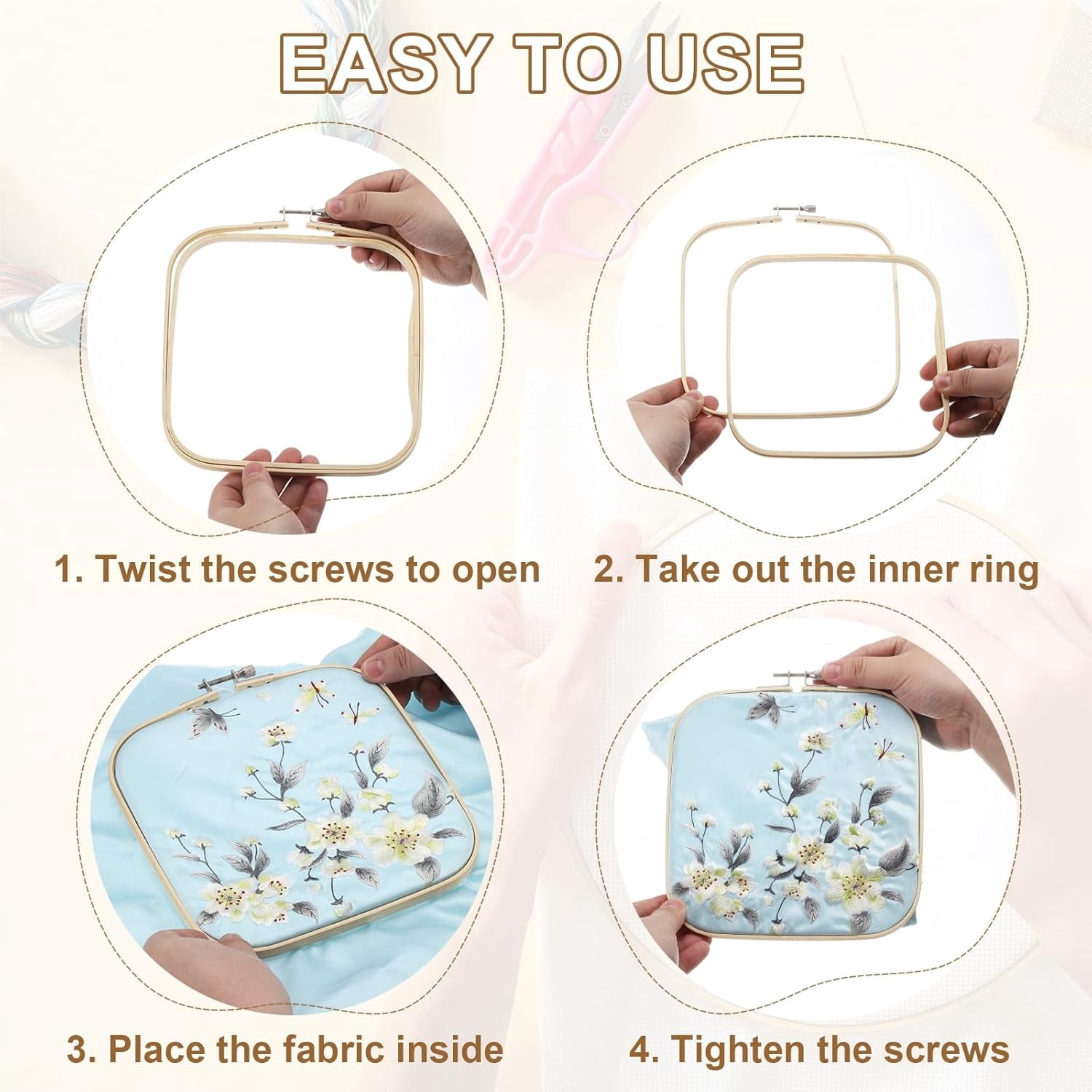 ABPETE Square Embroidery Hoops, Adjustable Bamboo Cross Stitch Hoops Ring Embroidery Frame Punch Needle Hoop for Sewing, Needlework, DIY( 6 Pieces 4.7" x 4.7" )