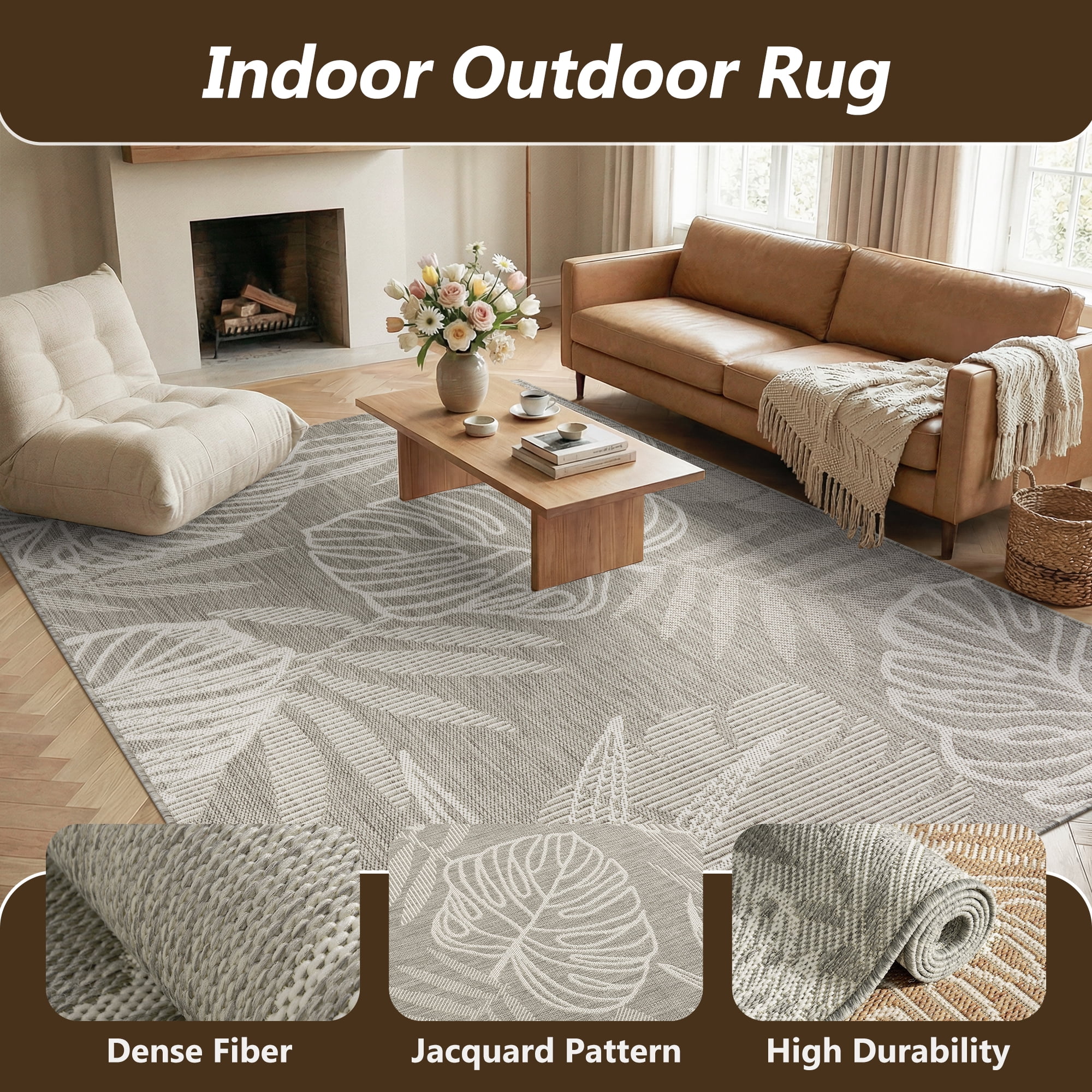 SIXHOME Outdoor Rugs 5'x7' Patio Rug Tropical Indoor Outdoor Rugs Polypropylene Washable Non Shedding, Easy Clean, Waterproof, Durable Outdoor Carpet for Porch Balcony Deck Neutral Gray