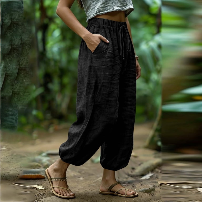 ROBEdePEAU HAREM PANTS リネン　BLACK Gauze Dazajoo Cotton Linen Harem Pants Women Elastic Waist Balloon