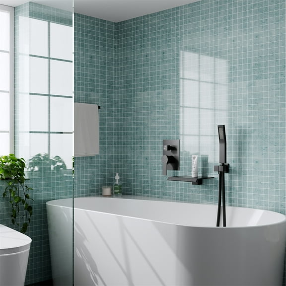 ANGELES HOME Wall Mount Tub Faucet with Waterfall Tub Spout, Bathtub Faucet with Handheld Shower, Single Handle Tub Filler Shower Faucet Set, Matte Black