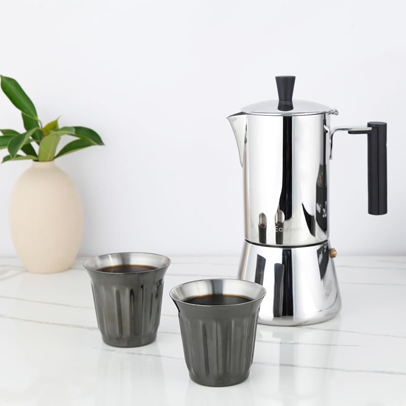Easyworkz Stainless Steel Double-Wall Espresso Cups 5 oz Set of 2, Vertical Stripe Design, Gunmetal