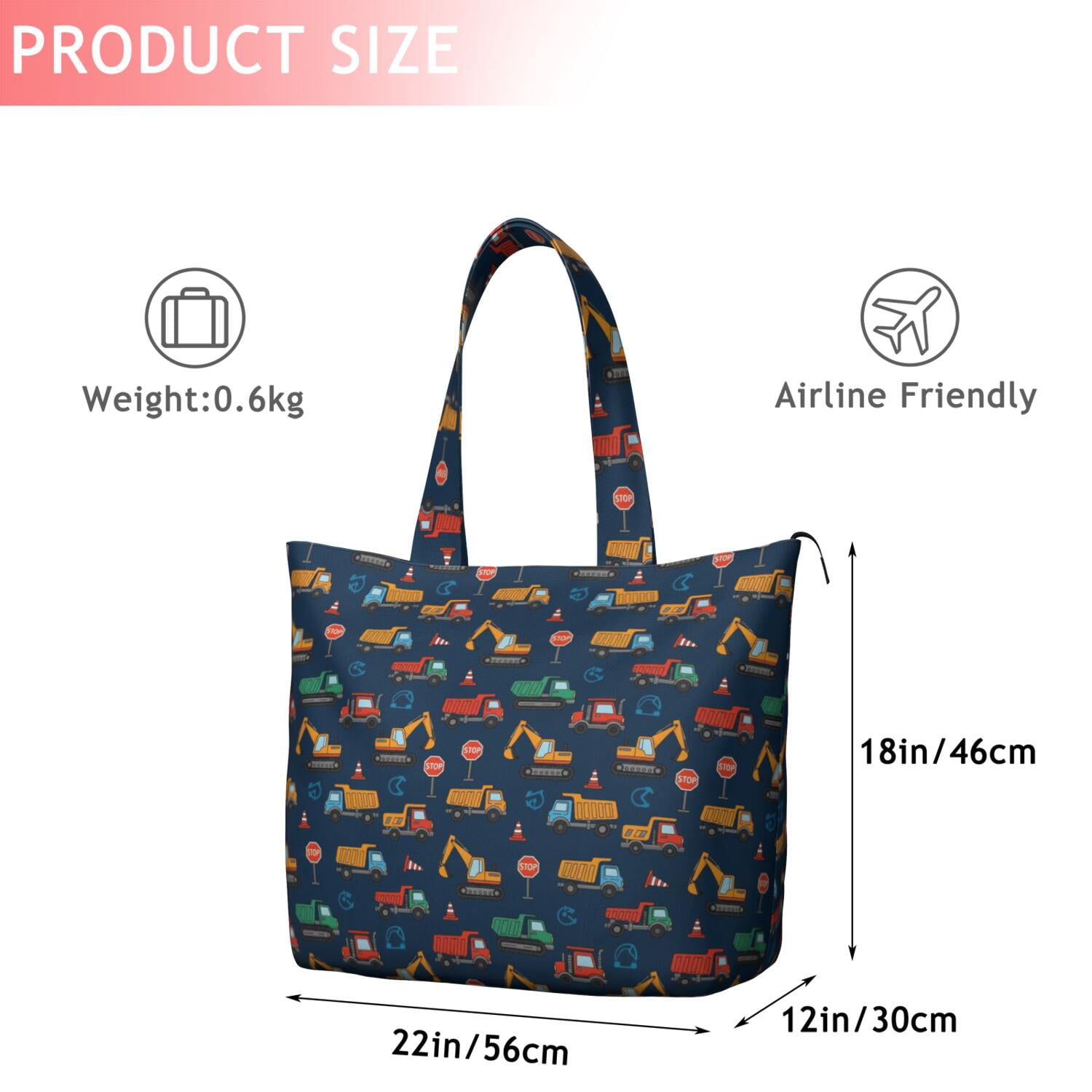 Cartoon Construction Vehicles Traffic Signs Travel Tote Bags for Women Carry On,Large Weekender Bags for Women Travel,Multi Functional Duffle Bag for Work,Shopping,Sports