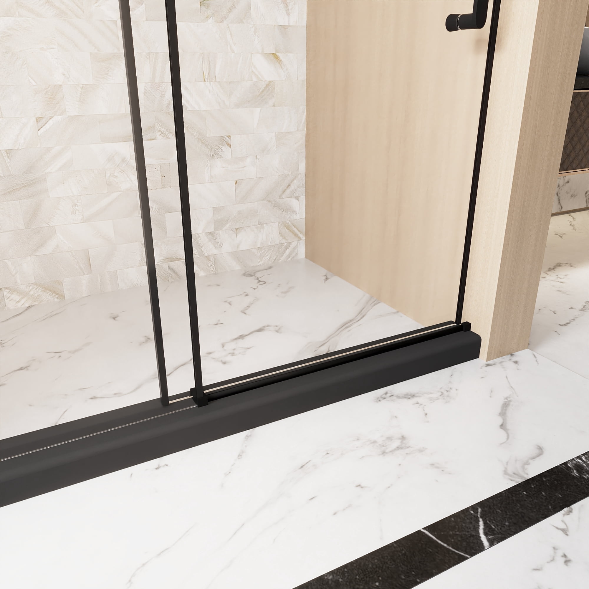 Leumius 44-48"W x 76" H Frameless Single Sliding Shower Door, 1/4" Clear Tempered Glass, Stainless Steel Handle Shower Door,Matte Black