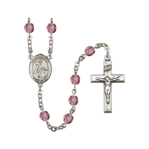 St. Isabella of Portugal Silver-Plated Rosary 6mm February Purple Fire Polished Beads Crucifix Size 1 3/8 x 3/4 medal charm