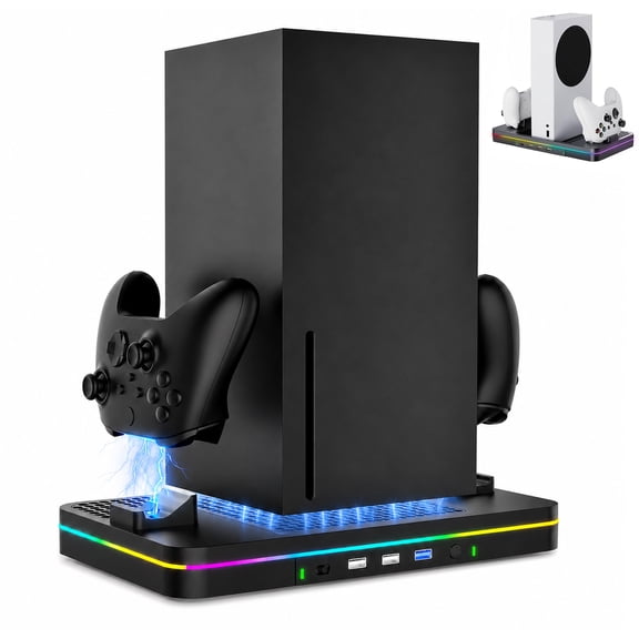 Charging Stand with Cooling Fan, Vertical Stand Compatible with Xbox Series X/S Console&Controller, Dual Controller Charger Station Dock with 3 USB Ports, Black