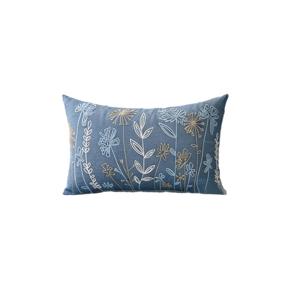 Floral Embroidered Pillowcase Cotton Linen Cushion Cover 19.68x11.81 Inches Spring Style for Sofa Bedroom Home Decor(Blue)