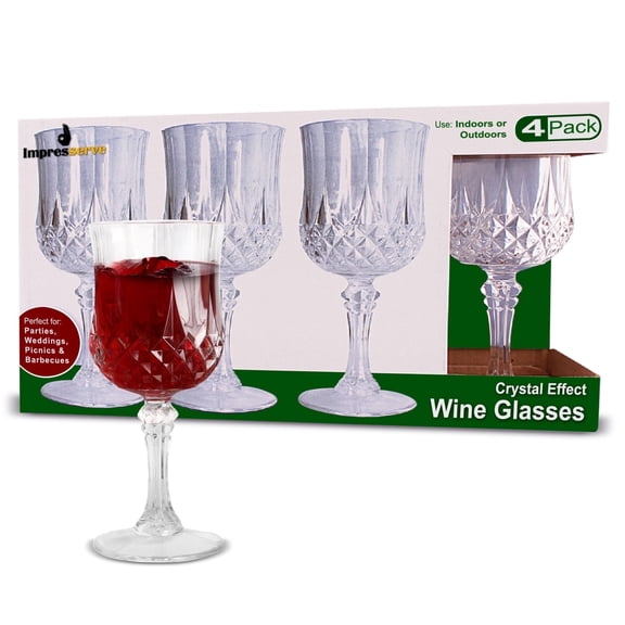 Impresserve 8 oz Clear Plastic Wine Glasses, Crystal-Like Disposable Stemware, 4 Count