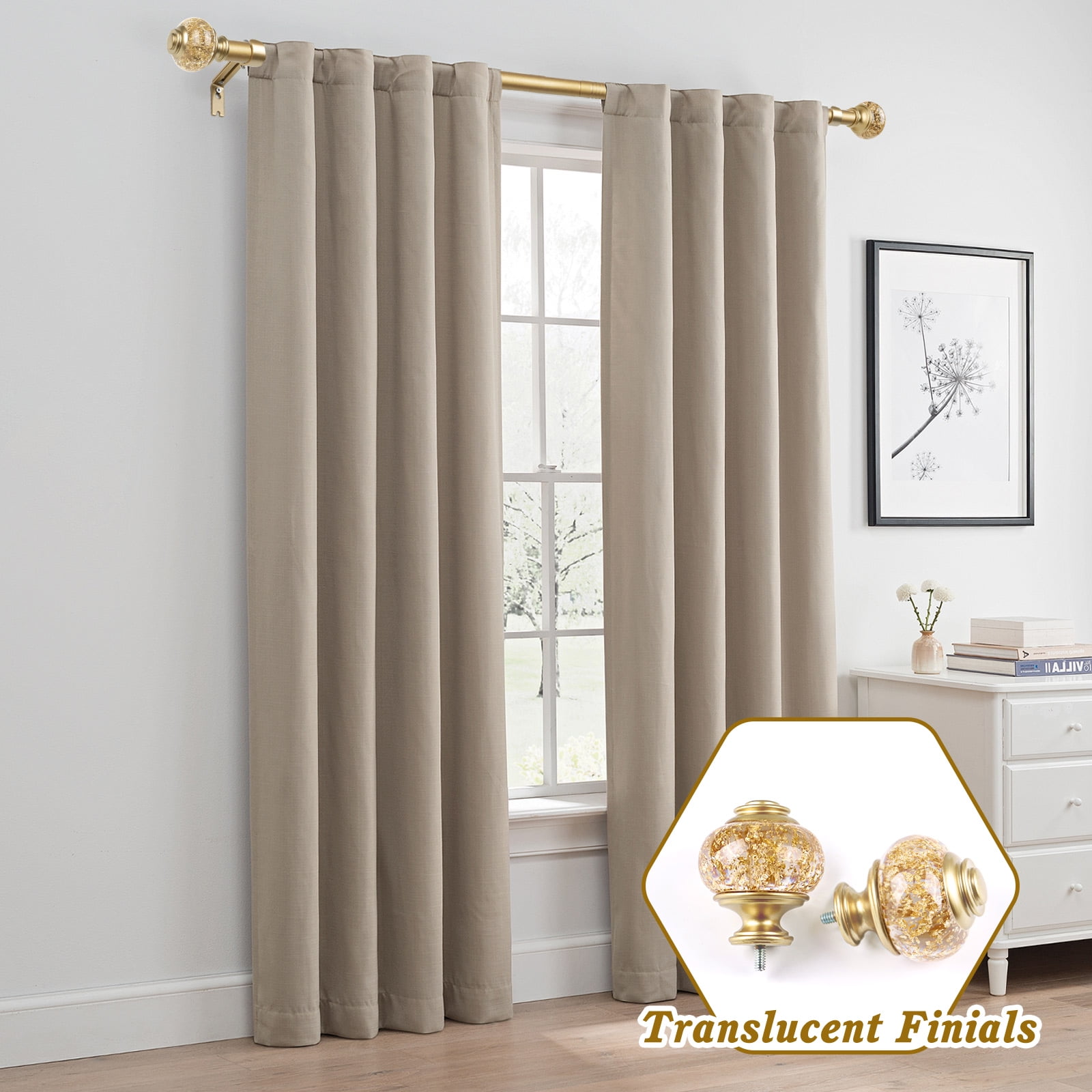 KAMANINA 7/8" Adjustable Single Curtain Rod with Translucent Finial, 28 - 48", Gold