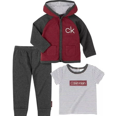 Calvin Klein Baby Boys Wine 3 Pc. Striped T-Shirt, Hoodie Jogger Set, 12 Months