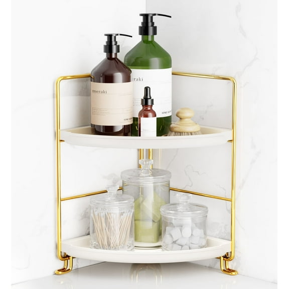 FSyueyun Stainless Steel 2-Tier Corner Makeup Organizer with 4 Compartments, Gold