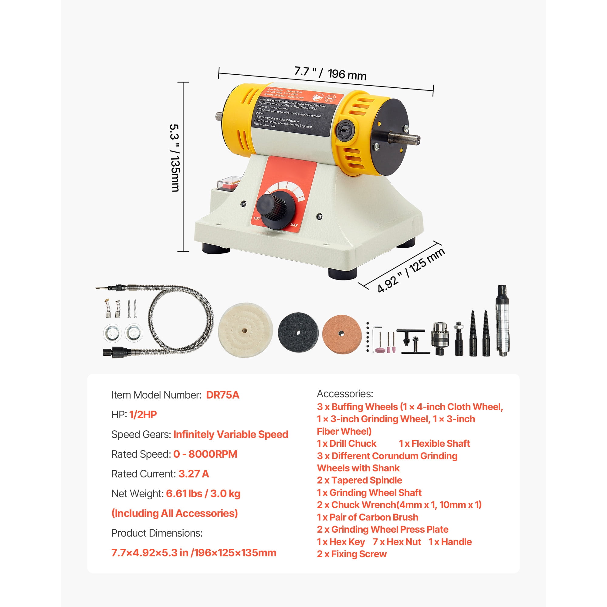 KFFKFF Bench Buffer Polisher, 1/2HP Polishing Machine, Adjustable 0-8000RPM Benchtop Grinder with 4" Cloth Wheel, 3" Grinding Wheel & 3" Fiber Wheel for Metal, Jewelry, Wood, and Plastic