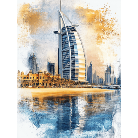 Burj Al Arab Watercolor Canvas Painting,Suitable for Living Room,Office,Hotel Lobby,and Restaurant Decoration.