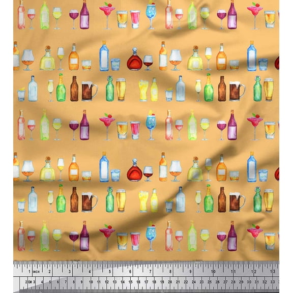 Soimoi Orange Poly Georgette Fabric Bottle & Wine Glass Bar Print Fabric by the Yard 42 Inch Wide