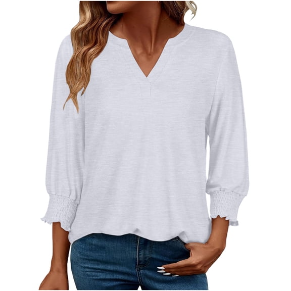 Stamzod Womens Blouses Solid V Neck 3/4 Length Sleeve Womens Tops Spring Ruched Casual Shirts for Women White XL