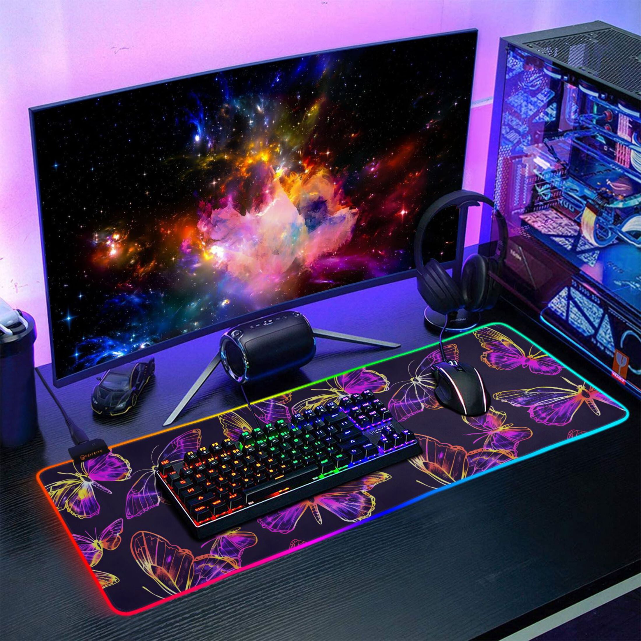 Large RGB Gaming Mouse Pad Led Glowing Mousepad Non-Slip Rubber Base 13 Light Modes 31.5x11.8 Colorful Butterflies Outline