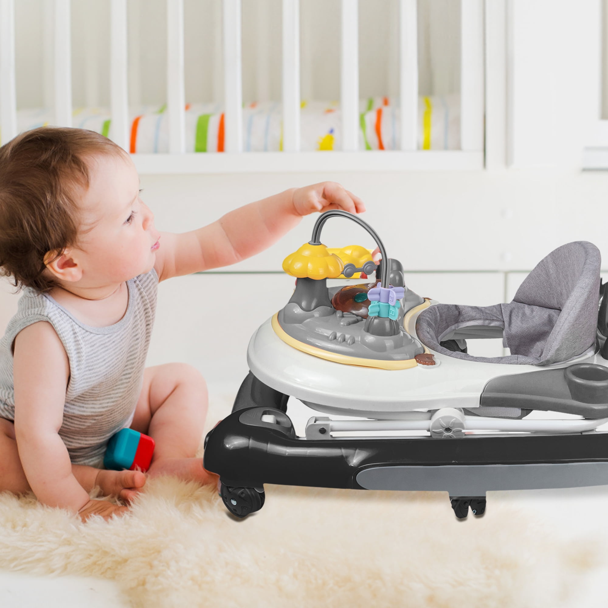 SIMANLI Baby Walker, 4 in 1 Foldable Walkers with Wheels & Removable Feeding & Music Tray, Activity Center for Baby Boys / Girls, Black