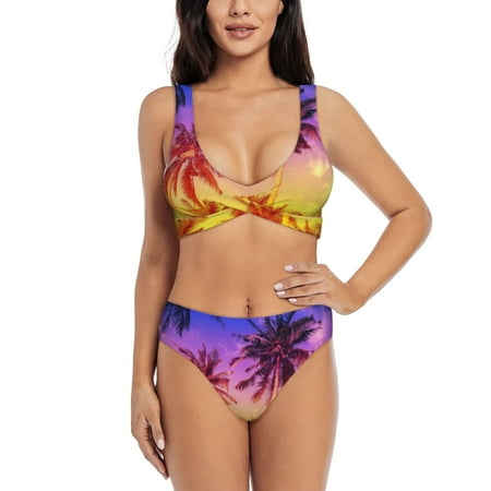 Zeuib Palm Trees at Sunset High Waisted Tummy Control Bikini Set - Knot Front Push Up Top & Cheeky Thong Bottom  Two-Piece Swimsuit for Women-Large