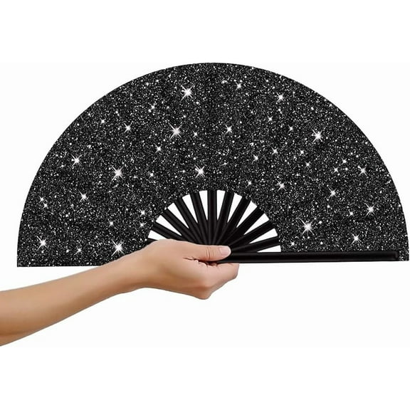 Clack Fans for Line Dancing Large Folding Hand Fans for Dance Glitter Rave Festival Fan for Men/Women Popping Fans for EDM, Festival,Club, Party, Dance Accessories (Glitter Black)
