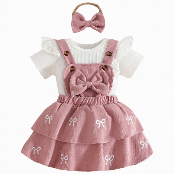 HCNTES Toddler Baby Girl Outfits Short Sleeve Ribbed T-Shirt Bow Overall Dresses Suspender Skirt Set Birthday Girl Outfit