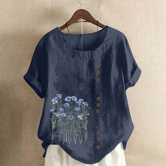 Women Cotton Blend Crew Neck Short Sleeve Basic Tunic Tee Shirts Tops Blouse Navy XL