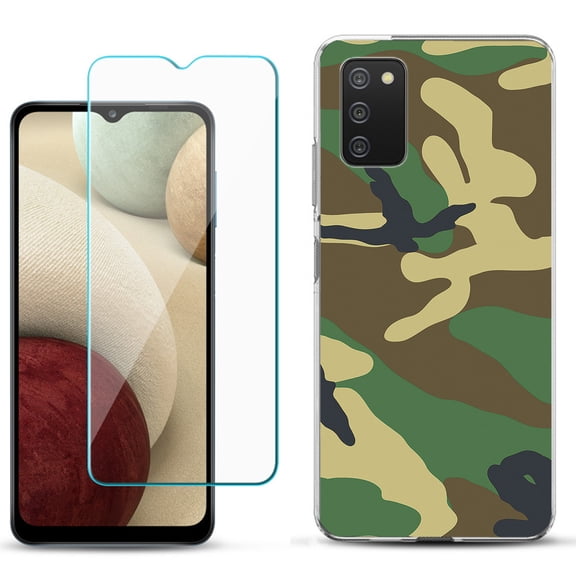 Slim-Fit TPU Phone Case Compatible with Samsung Galaxy A02s, with Tempered Glass Screen Protector, by OneToughShield ® - Camo Green
