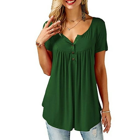 Women's Plus Size Short Sleeve V Neck Buttons Loose Ruched Tops ...