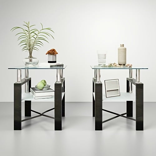 Set of 2, Modern Tempered Glass Tea Table Coffee Table End Table, Square Table for Living Room, Transparent/Black