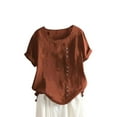 thumbnail image 2 of Cuoff Blouses for Women Fashion Casual Temperament Round Neck Vintage Cotton and Hemp Solid Button Short Sleeve T-Shirt Womens Tops Brown 2X, 2 of 5