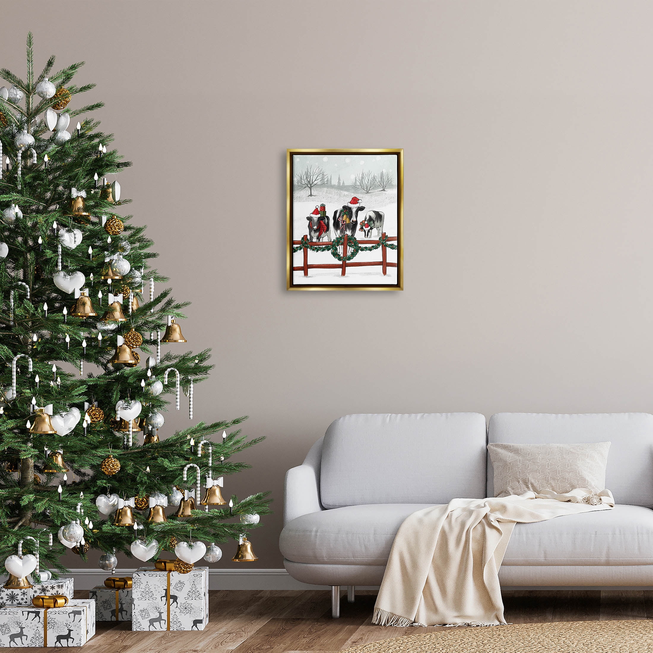 Holiday Cows Farmland Fence Holiday Graphic Art Metallic Gold Framed Art Print Wall Art