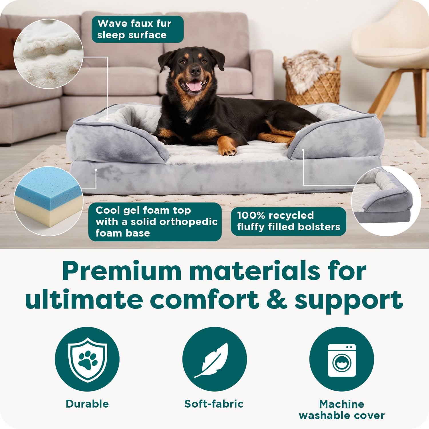 FurHaven Perfect Comfort Sofa Pet Bed, Cool Gel-Top Foam with a Solid Orthopedic Foam Base for Joint Support, Removable, Washable Cover, Large, Plush & Velvet, Brownstone