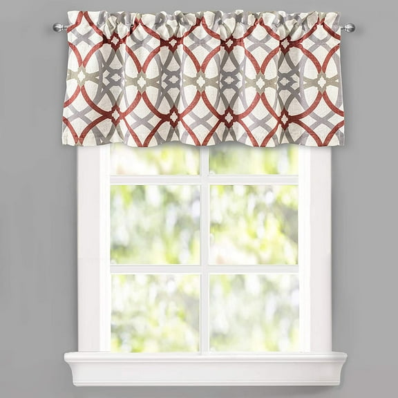 DriftAway Alexander Linen Blend Spiral Geo Trellis Pattern Window Curtain Valance Rod Pocket 2 Layers, 52" x 18" Plus 2" Header, Red, 1 Pack